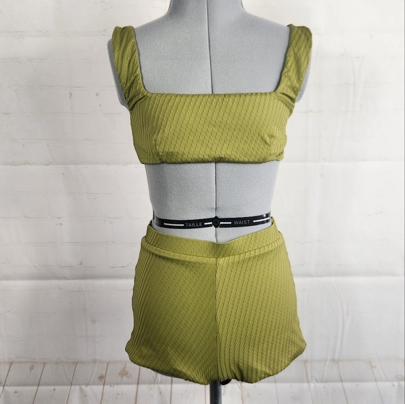 Fella Australian Vacation Textured Ribbed High Waisted Bikini Set Olive Green M - Picture 3 of 16
